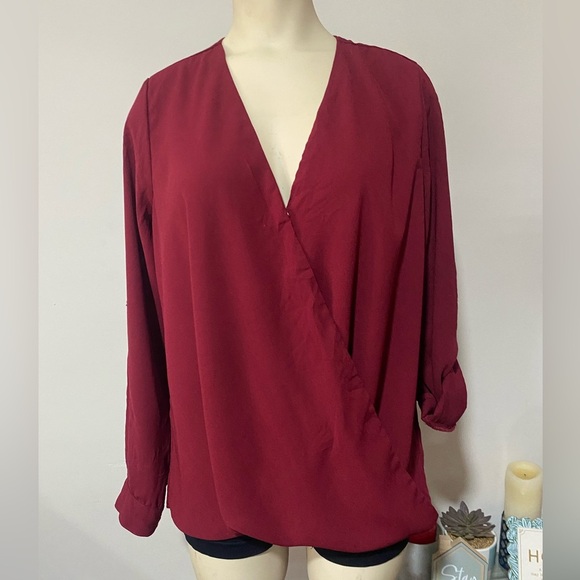 Kut from the Kloth Red Wrap Blouse with Cuffed Sleeves - Picture 1 of 14